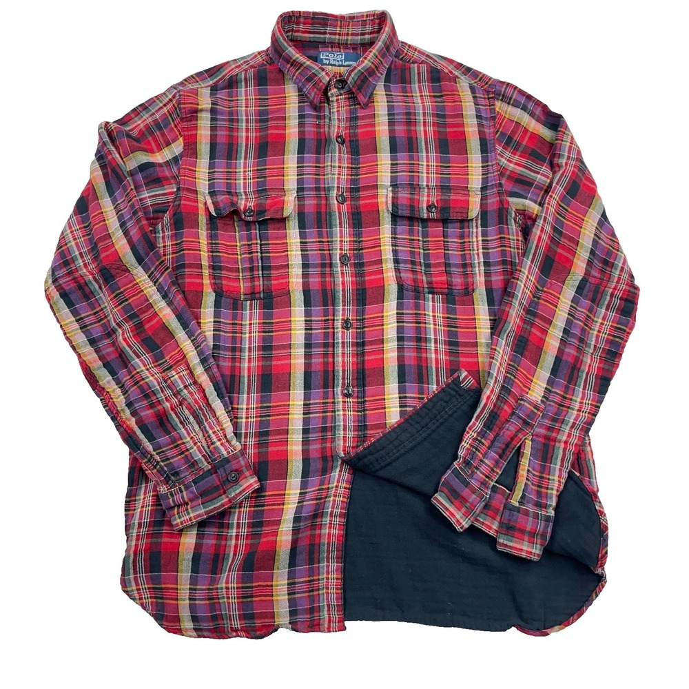 Polo Ralph Lauren Flannel Shirt Men Large Red Plaid Button Up Lined Camp READ*